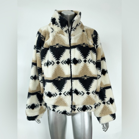 O'Neill crop Sherpa Jacket aztec funnel neck L Cala Long Sleeve - Picture 6 of 14